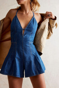 Backless Crisscross Denim Romper front view dark blue denim styled