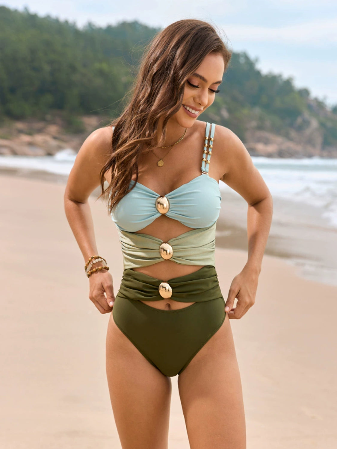 Color Block One-Piece Swimsuit blue/green front view