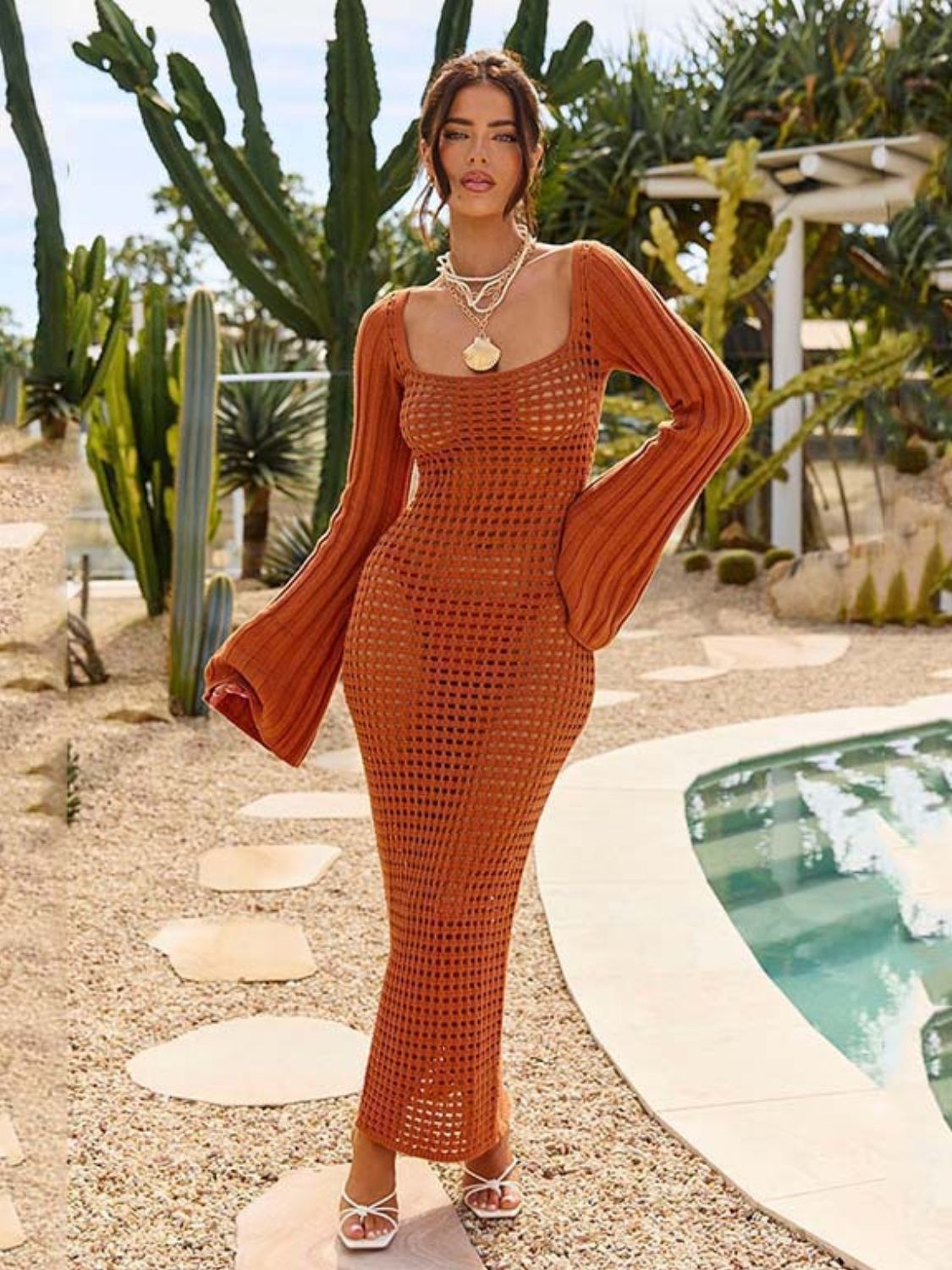 Openwork Square Neck Flare Sleeve Cover-Up Dress terracotta