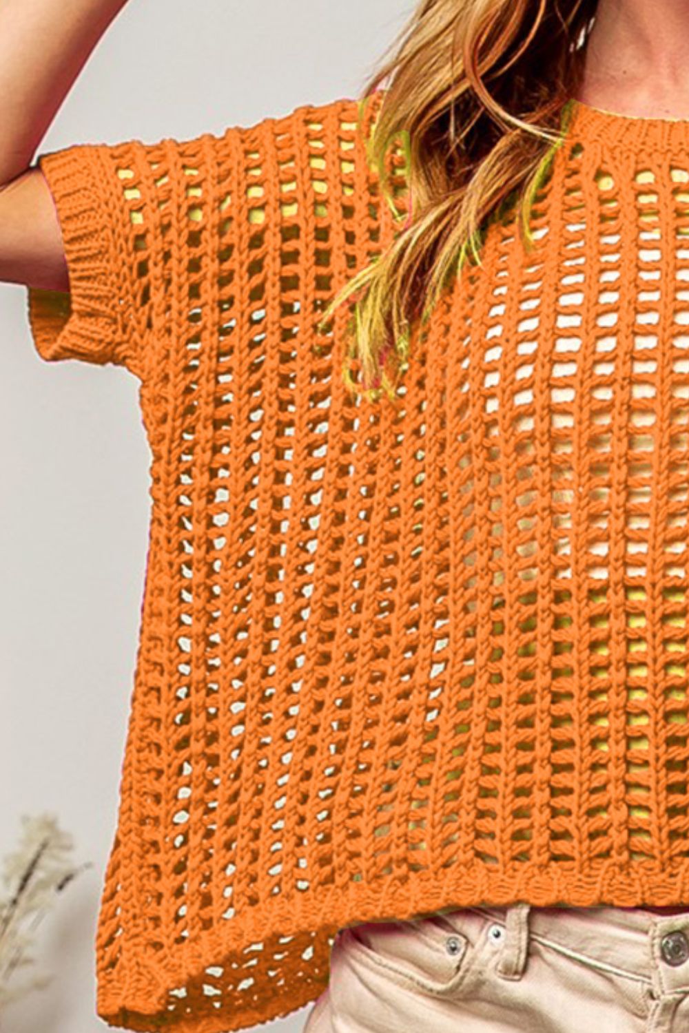 Hollowed Out Short Sleeve Knit Cover Up orange front view knit details up close
