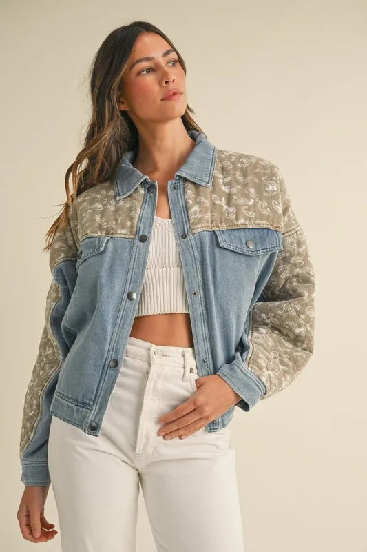 Quilted Paisley Print Denim Jacket FRONT VIEW
