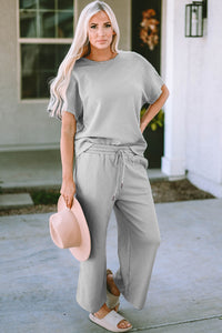 Waffle Texture Short Sleeve Top and Pants Set grey front view