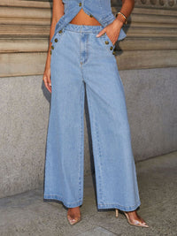 Button Down Vest and Wide Leg Jeans Denim Set jeans detail