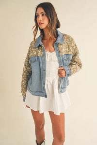 Quilted Paisley Print Denim Jacket front view styled button closure