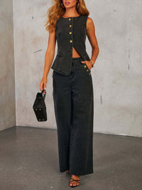 Button Down Vest and Wide Leg Jeans black Denim Set