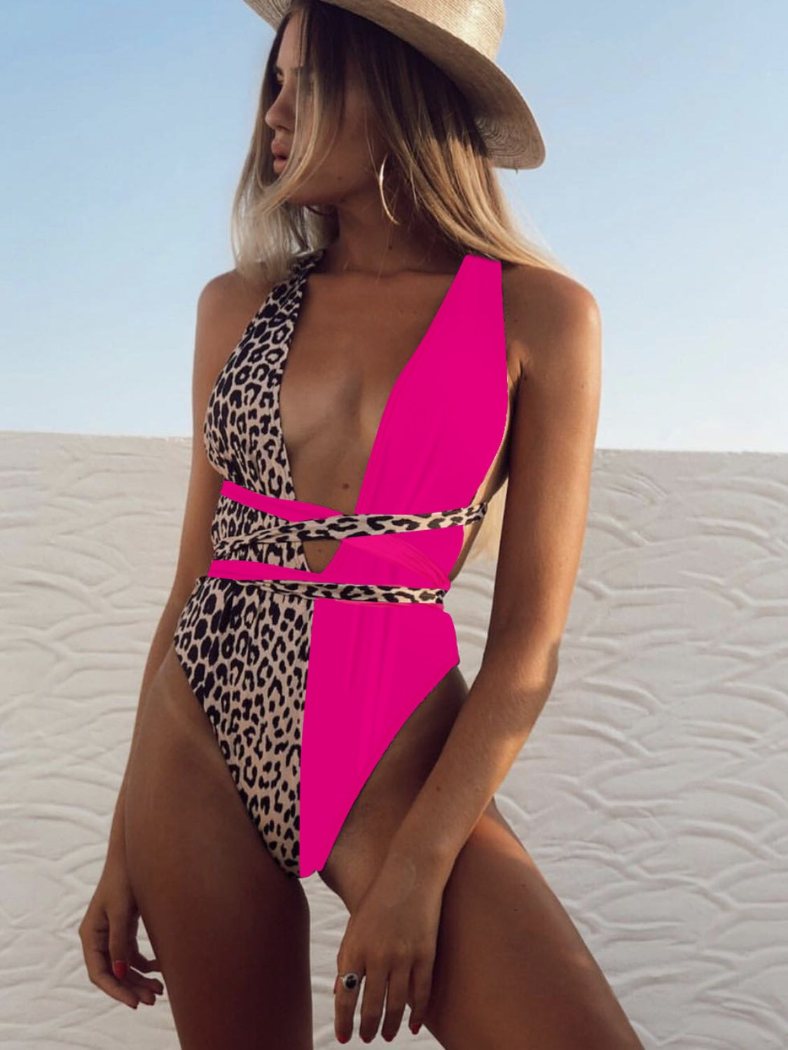 Tied Leopard Plunge One-Piece Swimsuit leopard/pink print front view high waist styled tie waist
