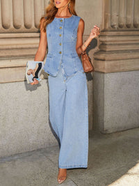 Button Down Vest and Wide Leg Jeans Denim Set styled