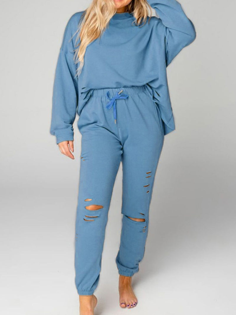 Distressed Sweatshirt and Joggers Set blue front view