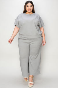 Waffle Texture Short Sleeve Top and Pants Set grey front view plus size styled