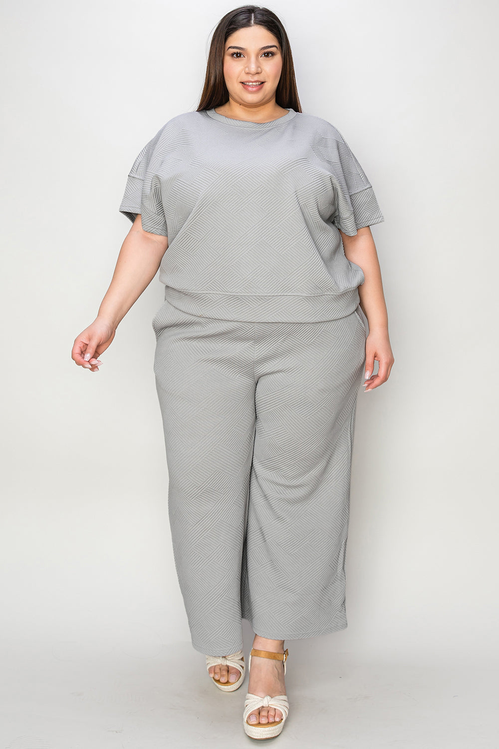 Waffle Texture Short Sleeve Top and Pants Set grey front view plus size styled