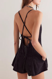Backless Crisscross Denim Romper back view dark black denim