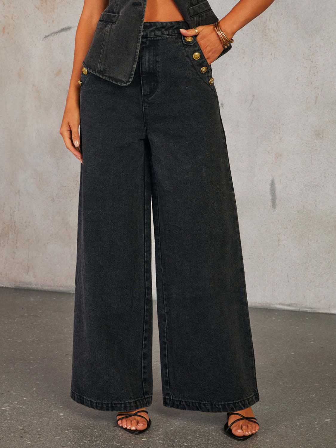 Button Down Vest and Wide Leg Jeans black Denim Set jean view