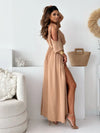 Tied Shoulder Slit Maxi Dress tan side 