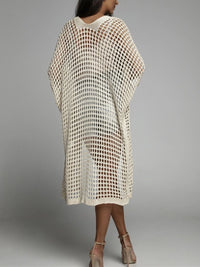 Waffle Kint Open Front Three-Quarter Sleeve Cover Up cream back view