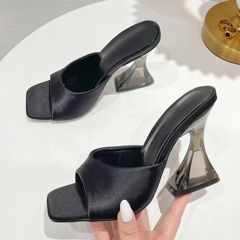 Open Toe Mule High Heel Sandals black front side view up close
