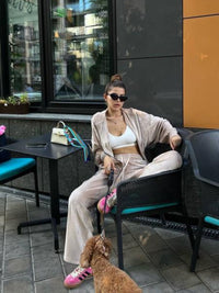 tan Hooded Jacket and Pants Lounge Set front view styled outfit