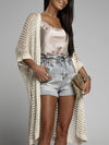 Waffle Kint Open Front Three-Quarter Sleeve Cover Up cream front view