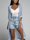 Waffle Kint Open Front Three-Quarter Sleeve Cover Up blue front view