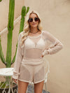 Openwork Knit Top and Shorts Swim Coverup beige front view