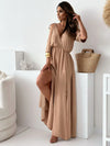 Tied Shoulder Slit Maxi Dress tan front side view up close 