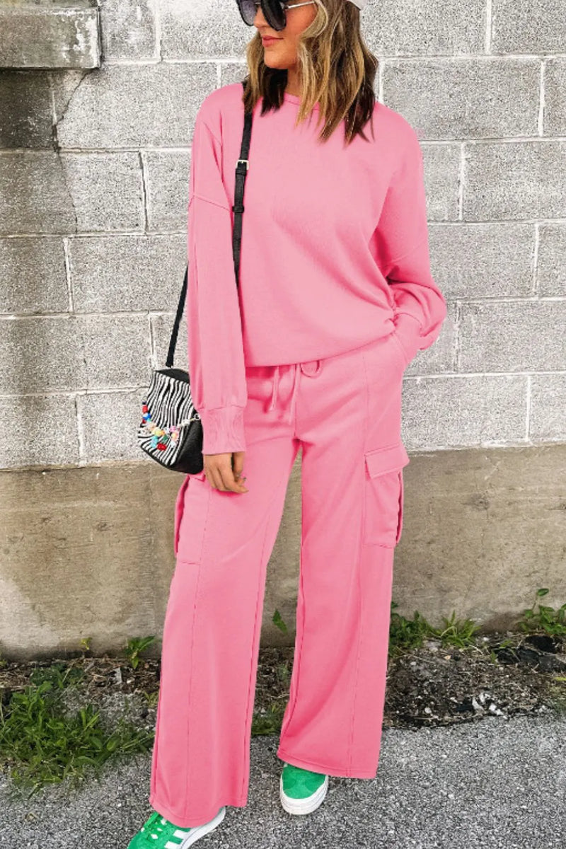 Long Sleeve Top and Drawstring Pants Lounge Set pink front view styled