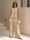 Light-weight Top and Wide Leg Pants Set beige front view styled