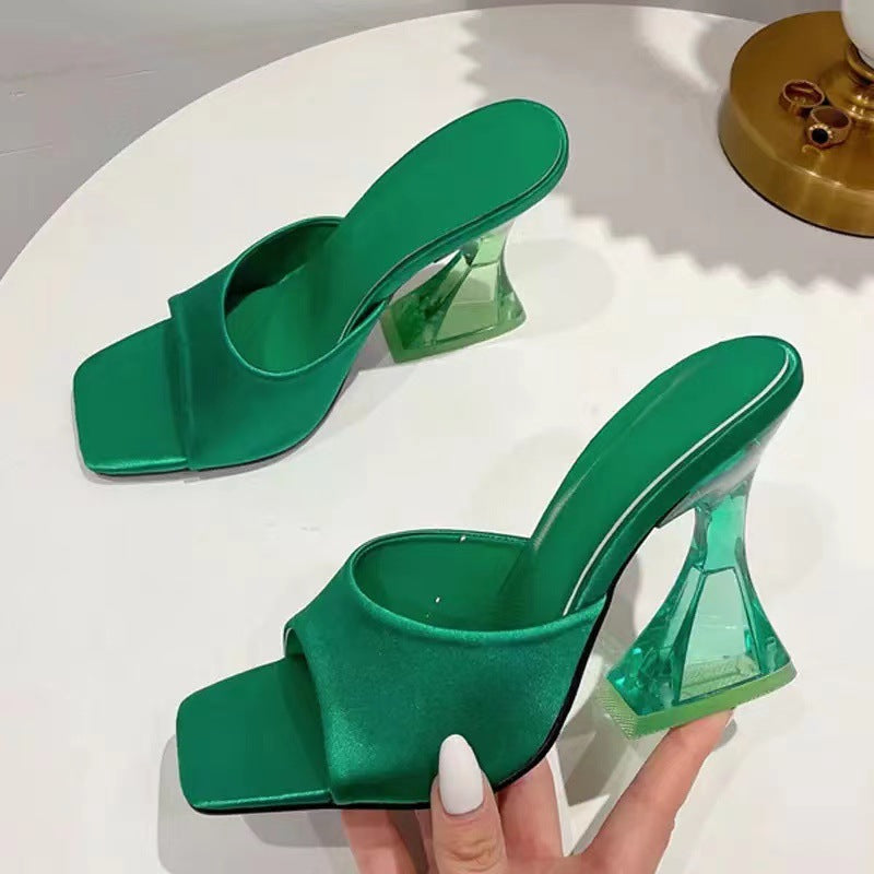 Open Toe Mule High Heel Sandals green front side view detail