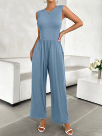 Ribbed Sleeveless Wide Leg Jumpsuit blue front view model