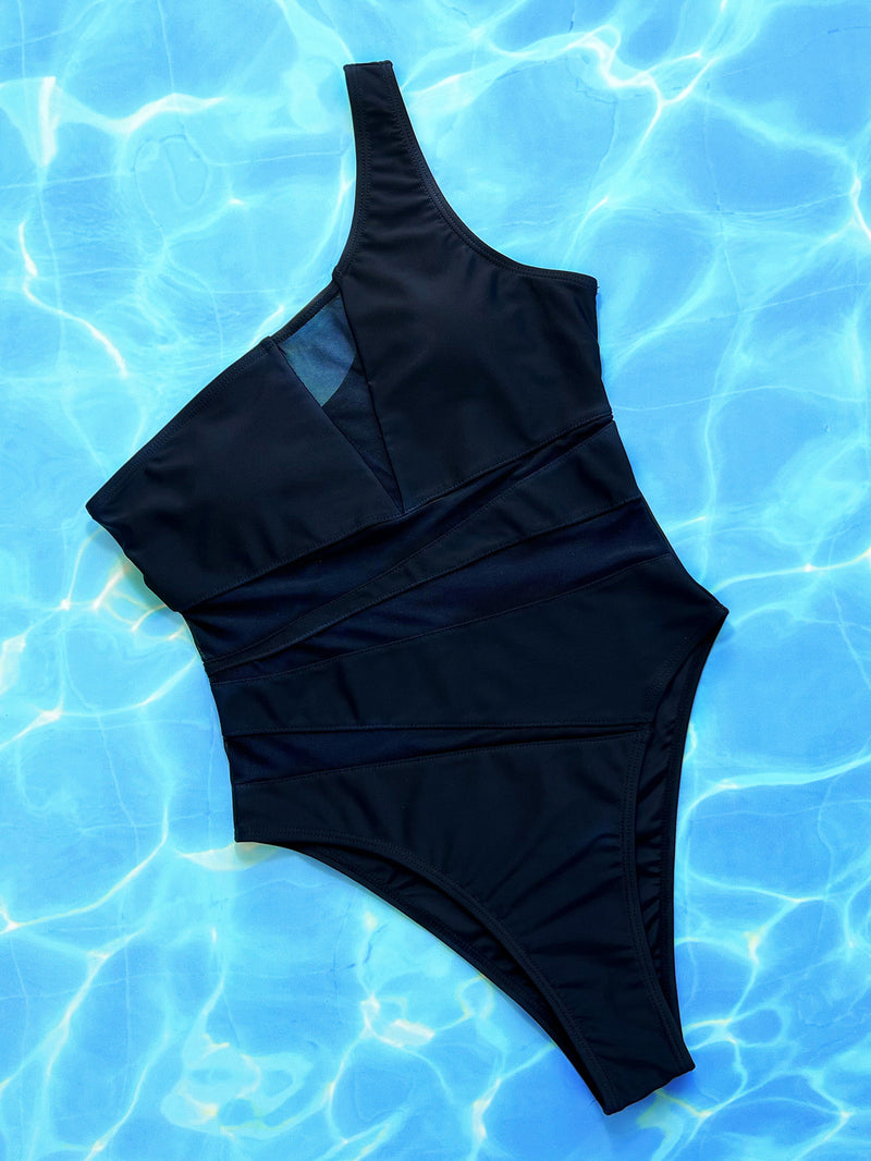 One-Shoulder One-Piece Swimsuit sheer front view styled