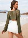 Openwork Boat Neck Long Sleeve Cover-Up green back