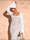Openwork Square Neck Flare Sleeve Cover-Up Dress white 
