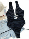 Ribbed Lace Up One-Piece Swimsuit black front view styled