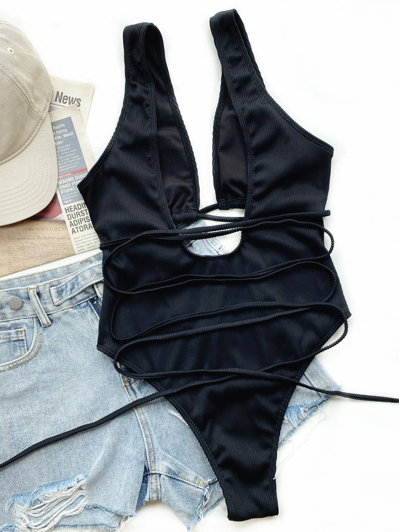 Ribbed Lace Up One-Piece Swimsuit black front view styled