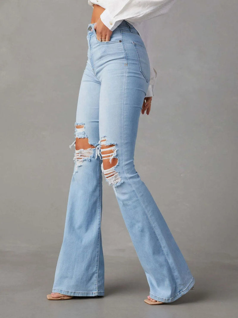 High Waist Boot-cut Distressed Jeans front view boot cut look