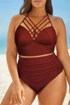 Halter Crisscross Tank Ruche Bottoms Two-Piece Swimsuit red front view
