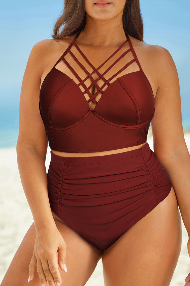 Halter Crisscross Tank Ruche Bottoms Two-Piece Swimsuit red front view