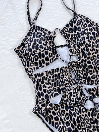 Leopard Cutout Tied One-Piece Swimsuit front view detail tie closure