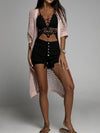 Waffle Kint Open Front Three-Quarter Sleeve Cover Up peach front view styled