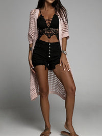 Waffle Kint Open Front Three-Quarter Sleeve Cover Up peach front view styled