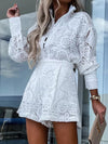 Lace Button Detail Long Sleeve Top and Shorts Set front view styled shorts
