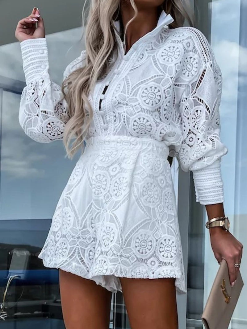 Lace Button Detail Long Sleeve Top and Shorts Set front view styled shorts
