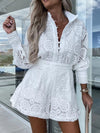Lace Button Detail Long Sleeve Top and Shorts Set front view styled