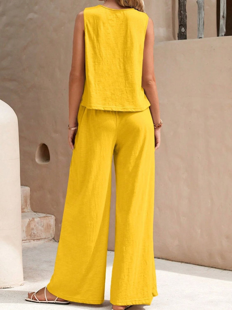 Light-weight Top and Wide Leg Pants Set yellow back view