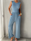 Ribbed Sleeveless Wide Leg Jumpsuit blue front view styled model 