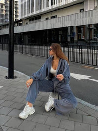 charcoal Hooded Jacket and Pants Lounge Set front view pants close view
