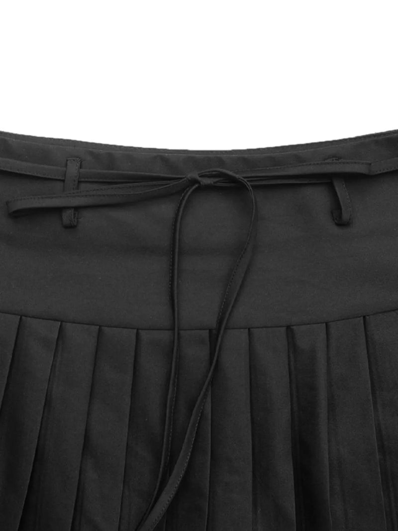 Tied Pleated Mini Skirt black front view waist tie view