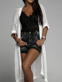 Waffle Kint Open Front Three-Quarter Sleeve Cover Up white front view