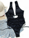 Ribbed Lace Up One-Piece Swimsuit black front view full flat