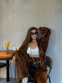 chestnut brown Hooded Jacket and Pants Lounge Set front view styled