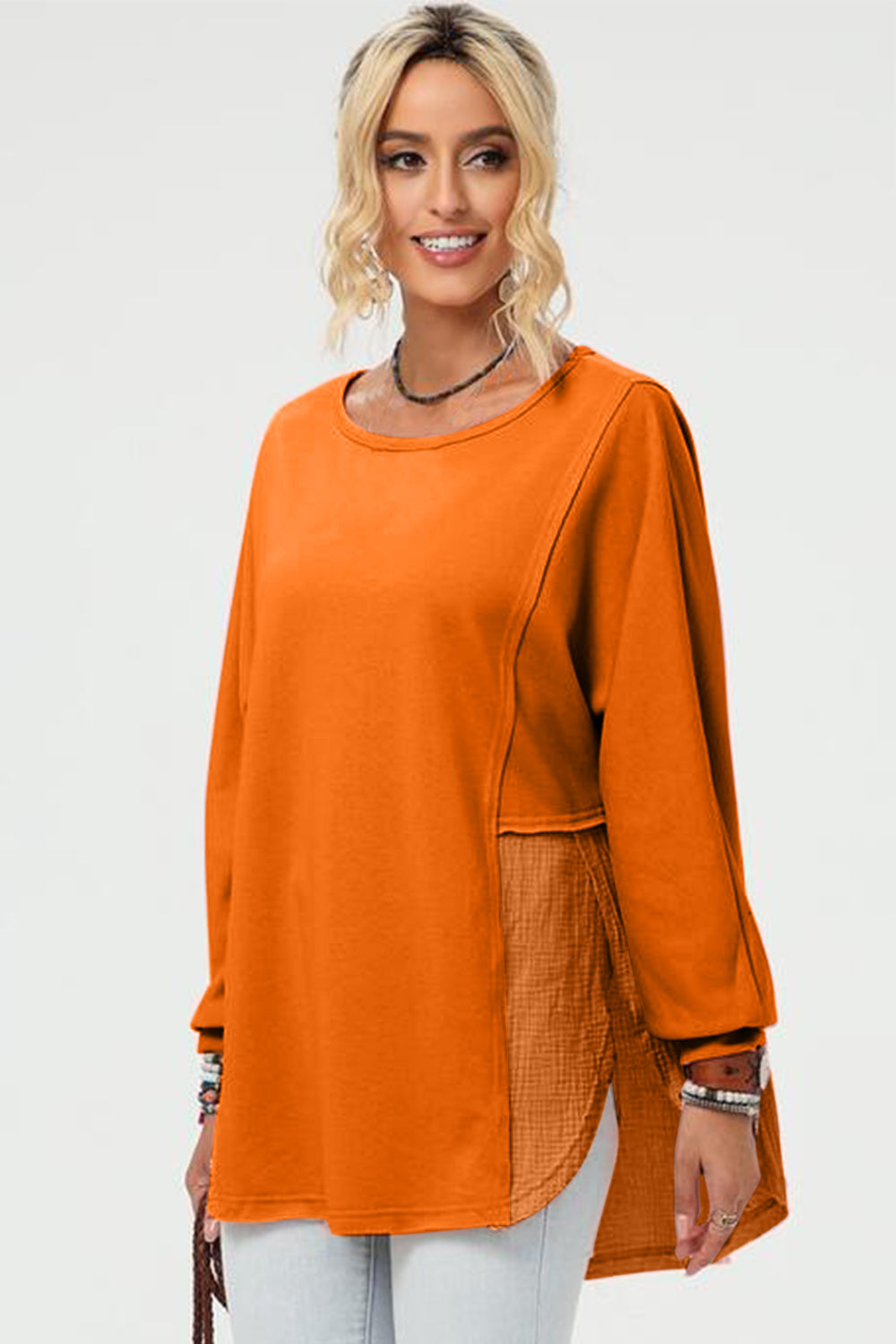 Long Sleeve High-Low T-Shirt orange front side view